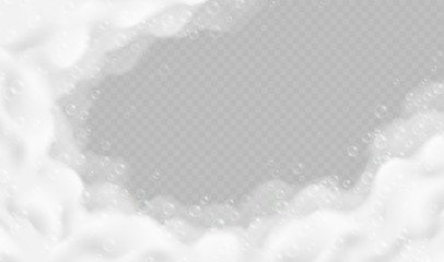 Realistic bath foam with bubbles isolated on transparent background. Sparkling shampoo and soap lather border vector illustration.