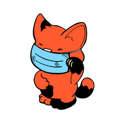Red Maneki Neko cat in medical protective mask. Cute cat vector illustration on white background.