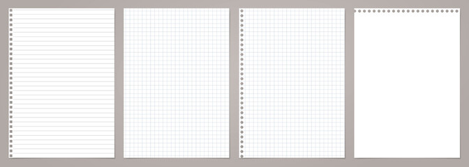 White lined and squared note, notebook paper stuck on grey backgroud. Vector illustration - obrazy, fototapety, plakaty