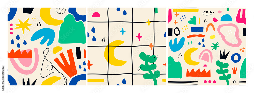 Canvas Prints various hand drawn shapes and doodle objects. set of three colorful abstract contemporary modern tre