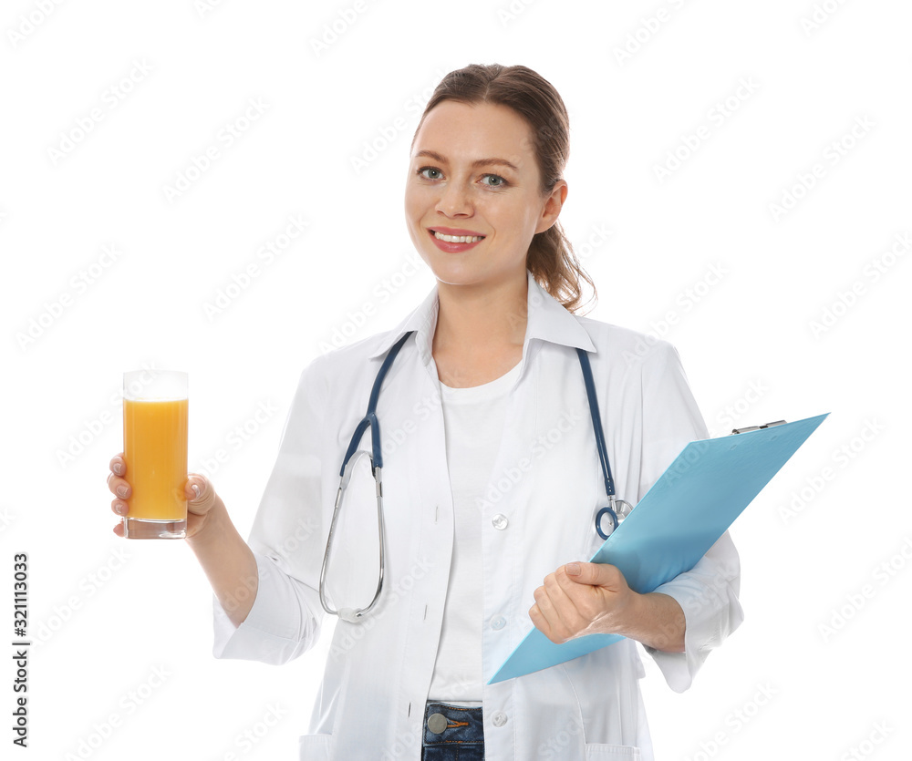 Poster Nutritionist with glass of juice and clipboard on white background