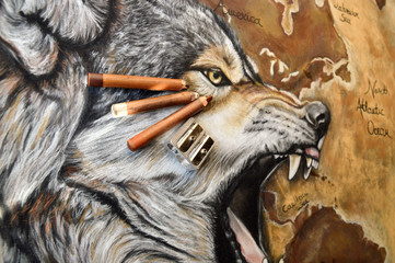 Magnificent animal art painting with an aggressive wolf