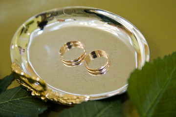 Two wedding gold rings at a wedding. Wedding rings are a symbol of love and fidelity.