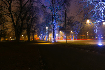 J&auml;rnv&auml;gsavenyn in Link&ouml;ping, Sweden at night. Cars passed by while this picture was taken, making their lights look like strings.