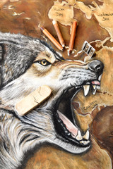 Magnificent animal art painting with an aggressive wolf