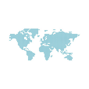 World map with blue circles vector illustration on white background
