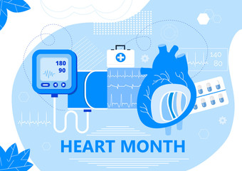 American Heart Month in US in February. Horizontal healthcare banner. Heart diseases vector with medical bag and syringe. Medical poster with leaves. Annual protection campaign