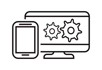 Cross-platform software icon . Update or upgrade illustration. Two types of devices. Cross platform...