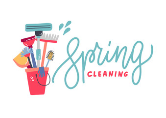 Composition of different tools for cleaning servicein a bucket colored on white background. Letttering quote - Spring cleaning. Flat hand drawn vector illustration - obrazy, fototapety, plakaty
