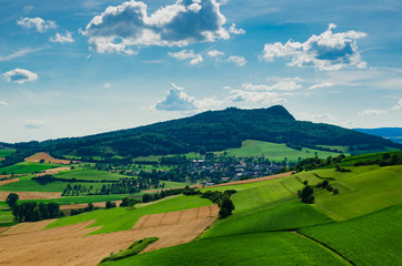 Panorama Hegau. landscape with green hills and blue sky