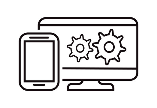 Cross-platform software icon . Update or upgrade illustration. Two types of devices. Cross platform mobile symbol. Tablet and computer screen in outline