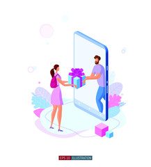 Trendy flat illustration. Girl receives a gift from a smartphone. Online marketing concept. Customer feedback. Online shopping. Template for your design works. Vector graphics.