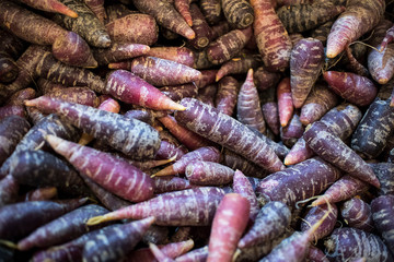 carrots: purple, yellow and orange for sale on a counter in the Borough Market