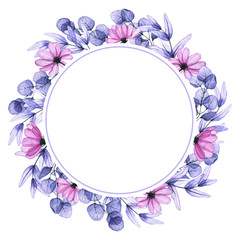 Fototapeta na wymiar Wreath with watercolor transparent eucalyptus leaves, cosmos flowers. Hand drawn illustration isolated on white. Floral round frame is perfect for greeting card, wedding invitation, florist logo