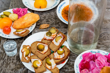 Traditional cossacks' meal with soused cabbage and lardo appetizers
