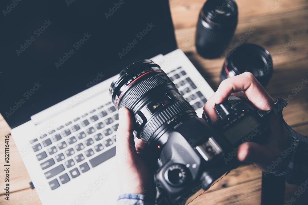 Poster man photographer hand camera on computer background