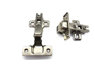 Hinges isolated on a white background. Composition loop for construction. Hinges for doors, furniture. Set of metal loops. Metal hinges.  