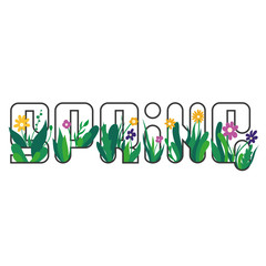 Spring lettering with flowers and green grass. Hello spring concept. Spring stroke text with blooming flowers and growing grass isolated on white. Modern flat hand drawn vector illustration