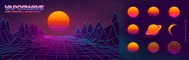 Futuristic neon retrowave background. Retro low poly grid landscape mountain terrain with set of glowing outrun sun vector illustration template - obrazy, fototapety, plakaty