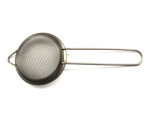 Metal mesh isolated on a white background. Colander. Tea strainer. Sieve for cooking. 
