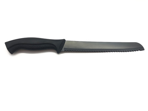 Bread knife isolated on a white background. Black sharp bread knife. 