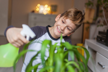 Happy boy watering his houseplant at home.