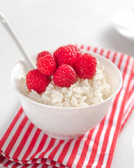 cottage cheese with raspberries on a white plate in a white bowl