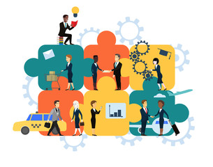 Business concept. Team metaphor. people connecting puzzle elements. Vector illustration flat design style. Symbol of teamwork, cooperation, partnership. Office work background. Meeting of partners
