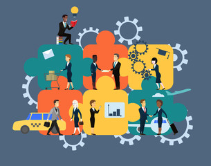 Business concept. Team metaphor. people connecting puzzle elements. Vector illustration flat design style. Symbol of teamwork, cooperation, partnership. Background
