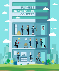 Business concept. Vector illustration flat design style. Symbol of teamwork, cooperation, partnership. Background with work in skyscraper, center, multi-storey Office in a metropolis, a city