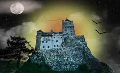 The mysterious castle of Dracula, between day and night, wrapped in fog. Birds and bats crossed the...