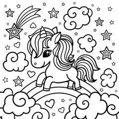 Cute fantasy unicorn on a rainbow among the clouds. Black and white. Vector © Zerlina