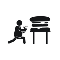 Obese person proposing a hamburger icon. Fast food love icon. Vector.