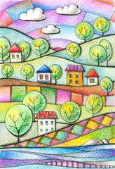 Summer day. Rural landscape with houses and trees. Bright drawing by colored pencils.