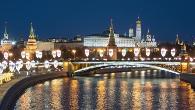 Evening hyperlapse of Moscow Kremlin and Moskva river, Russia.