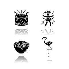 Brazilian carnival drop shadow black glyph icons set. Traditional music. Arancini. Festive drum parade. Flamingo. Cheese bread. Samba. Local cuisine. Isolated vector illustrations on white space