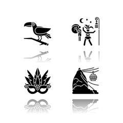 Brazilian carnival drop shadow black glyph icons set. Traditional masquerade. Street party. Masquerade mask. Pão de Açúcar. Ropeway. National festival. Isolated vector illustrations on white space