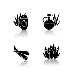 Aloe vera drop shadow black glyph icons set. Botanical sprouts. Medicinal herb. Cactus, succulent leaf. Cosmetic cream. Natural lotion. Healthy skincare. Isolated vector illustrations on white space