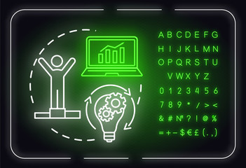Strategy advantage neon light concept icon. Building goals. Winning challenge. Increase income. Outer glowing sign with alphabet, numbers and symbols. Vector isolated RGB color illustration