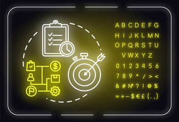 Short-term goals neon light concept icon. Making progress. Time duration. Productive management idea. Outer glowing sign with alphabet, numbers and symbols. Vector isolated RGB color illustration