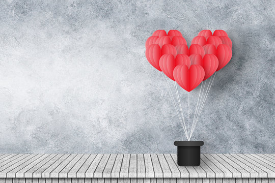 group of red heart shaped balloons float on cement wall with wooden floor - Powered by Adobe
