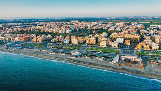Lido di Ostia famous Italian sandy beach aerial panorama.