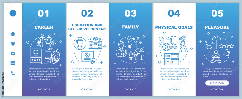 Poster self-development onboarding vector template. physical goals. pleasure and work. family planning. res
