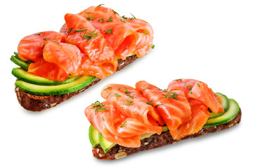Smoked salmon avocado rye sandwich on a white isolated background