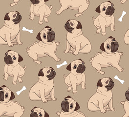 Puppy pug seamless pattern with bones. Vector.