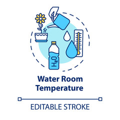 Water room temperature concept icon. Appropriate temp maintenance. Indoor flowers care. Watering plants idea thin line illustration. Vector isolated outline RGB color drawing. Editable stroke
