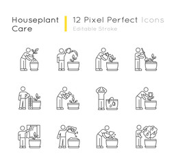 Houseplant care pixel perfect linear icons set. Repotting, fertilizing. Planting flowers. Watering. Customizable thin line contour symbols. Isolated vector outline illustrations. Editable stroke