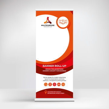 Roll-up banner design, advertising stand template for placing photos and text, modern graphic style, layout for presentation, conference, seminar, exhibition.