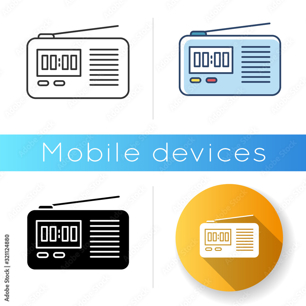 Poster wireless radio set icon. portable electronic receiver. signal transmitting apparatus. compact receiv
