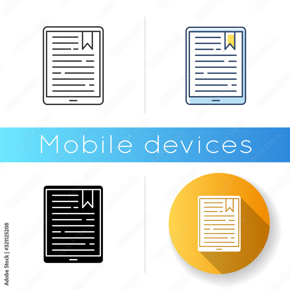 Poster handheld e-reader icon. e-book. electronic book. digital reading. touchpad. tablet. display with tex